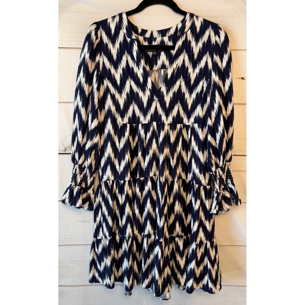 Pomander Place Navy White Ikat Chevron Tiered Mini Dress XS Y20391OMYT